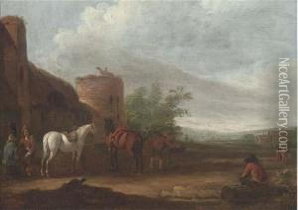 A Landscape With Travellers At Halt In A Village Oil Painting - Barent Gael