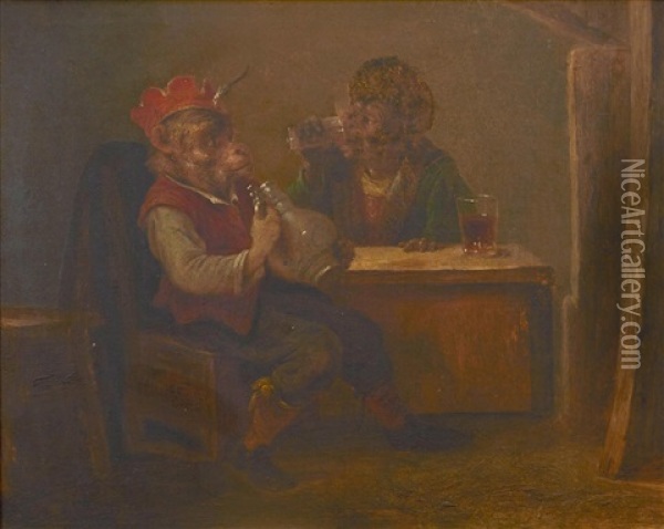 Two Monkeys Drinking Wine Oil Painting - Zacharias Noterman