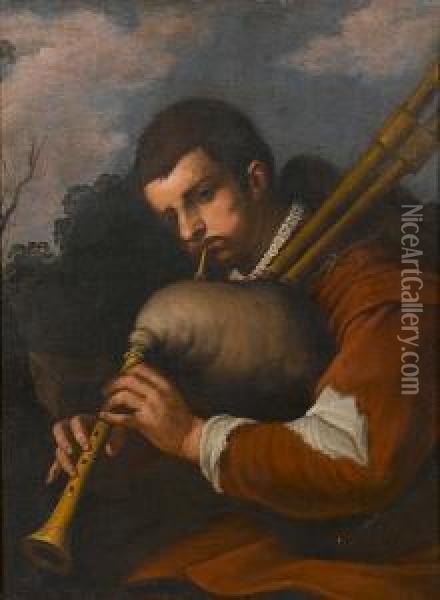 A Boy Playing The Bagpipes Oil Painting - Giuseppe Romani