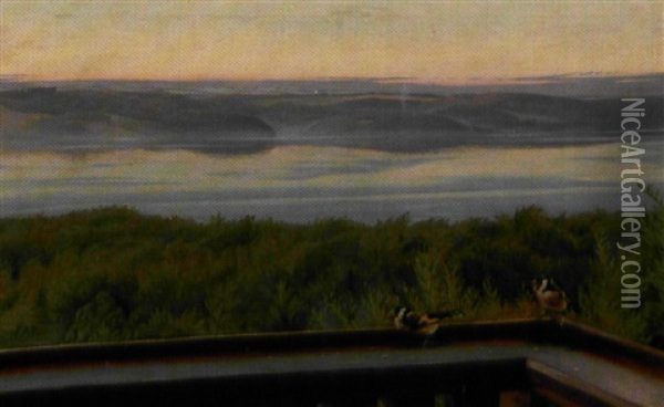 To Stillitser Pa Terrassen (fra Det Nuvaerende Hotel Munkebjerg I Vejle) Oil Painting - Harald Slott-Moller