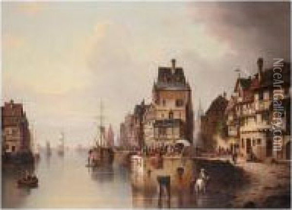 Busy Quay Side, Antwerp Oil Painting - Ludwig Herrmann