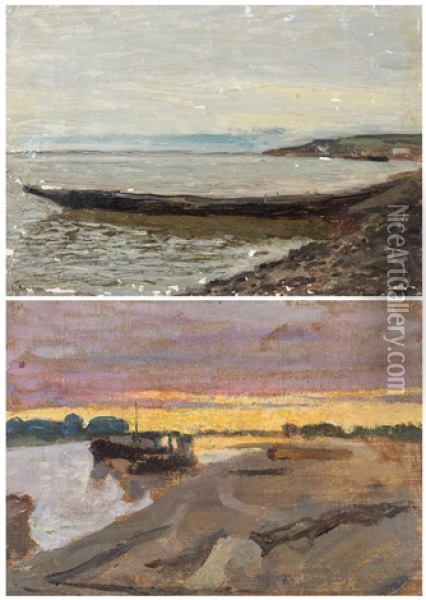 Morning By The Sea And Sunset, A Double-sided Landscape Study Oil Painting - Isaak Levitan