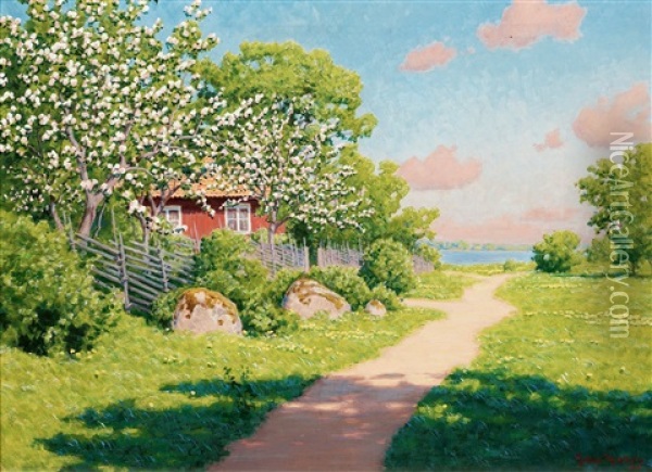 Landskap Med Blommande Frukttrad Oil Painting - Johan Fredrik Krouthen