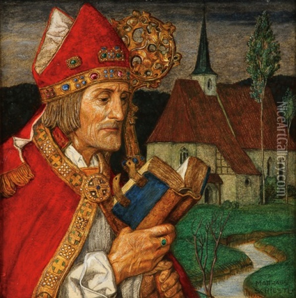 Portrait Of Saint Wolfgang Of Regensberg Oil Painting - Matthaeus Schiestl