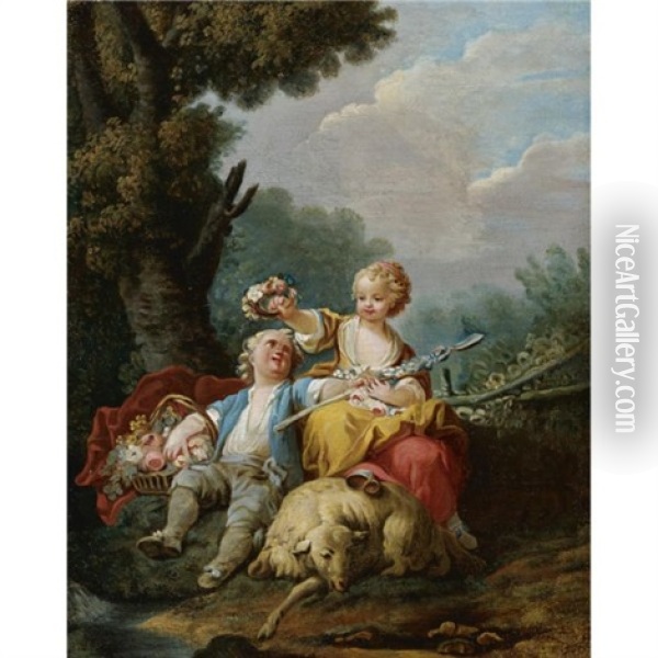 A Young Shepherd And Shepherdess Seated In A Pastoral Landscape Oil Painting - Jean Baptiste Huet