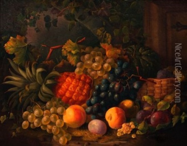 Still Life Study Of Mixed Fruit In Basket On A Ledge Oil Painting - Marie Margitson