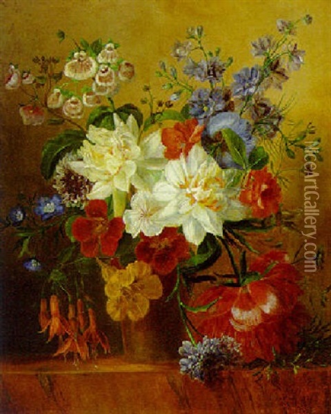 Narcissi, Larkspur, Nasturtiums And Other Flowers In A Vase Oil Painting - Georgius Jacobus Johannes van Os