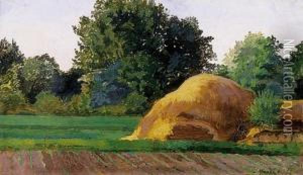 Landscape With A Haystack Oil Painting - Arpad Feszty