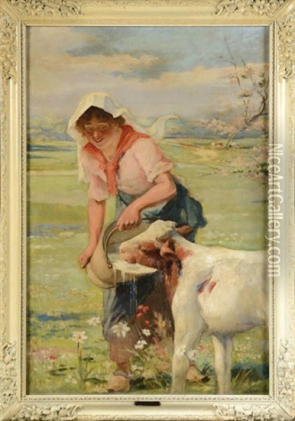 Jeune Fermiere Nourissant Un Veau Oil Painting - Auguste Bourotte
