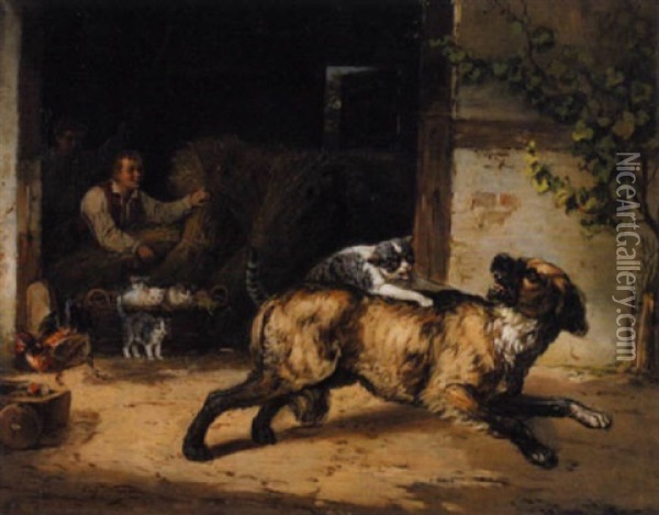 Ein Lausbubenstreich Mit Katzenmutter Und Hund Oil Painting - Zacharias Noterman