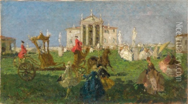 Carriage Ride In Front Of The Villa Capra Bassani In Vicenza Oil Painting - Emma Ciardi