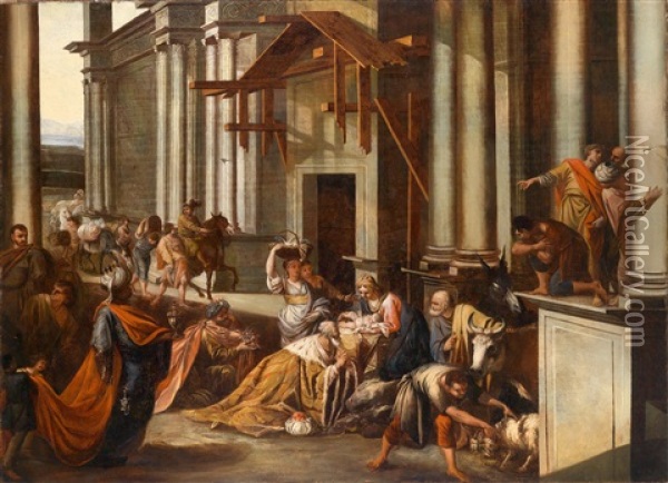 Grose Architektur Mit Der Anbetung Der Heiligen Drei Konige Oil Painting - Aureliano Milani