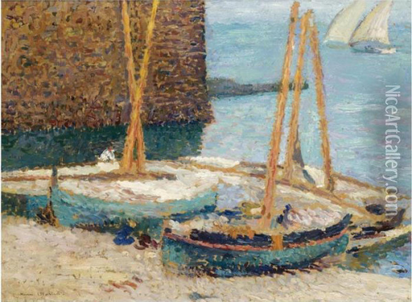 Gros Plan De Barques Avec Deux Voiliers A L'entree Du Port De Collioure Oil Painting - Henri Martin