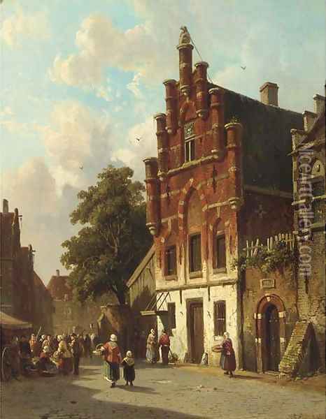 A busy day on a sunlit Dutch street Oil Painting - Adrianus Eversen