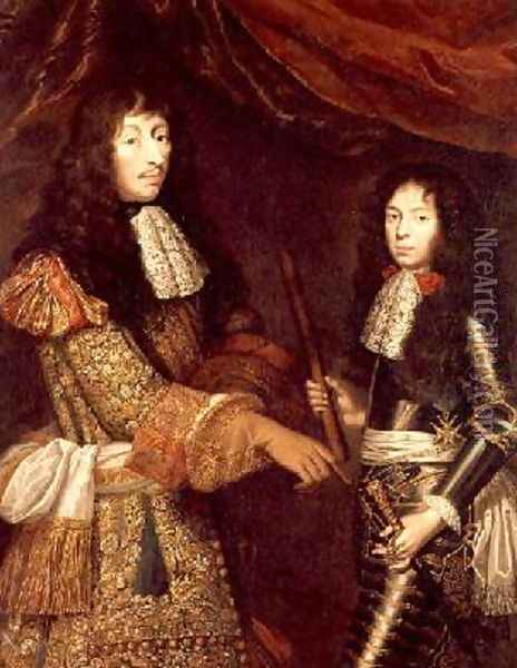 Louis II 1621-86 de Bourbon and his son Henri-Jules 1643-1709 Duke of Enghien Oil Painting - Claude Lefebvre