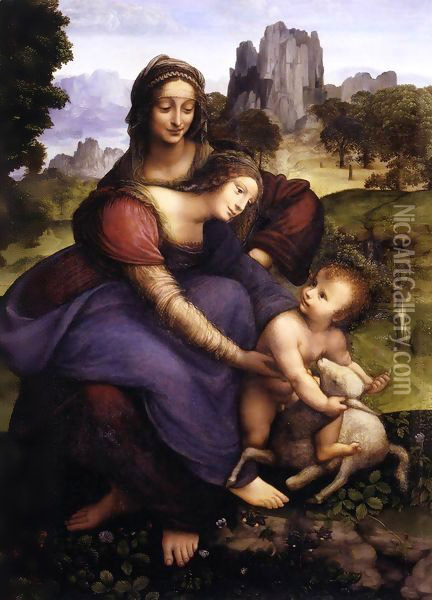 St Anne with the Virgin and the Child Embracing a Lamb Oil Painting - Francesco Melzi