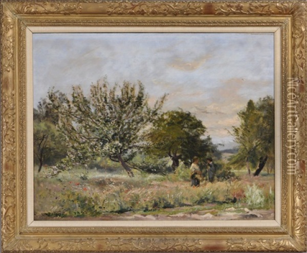 Flower Gatherers In A Landscape Oil Painting - Hippolyte Camille Delpy