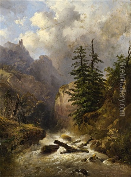 A Moutainous Landscape With A Stream And Pine Oil Painting - Alexandre Calame