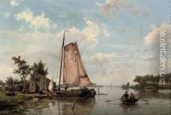 Along The River On A Sunny Day Oil Painting - Hermanus Koekkoek