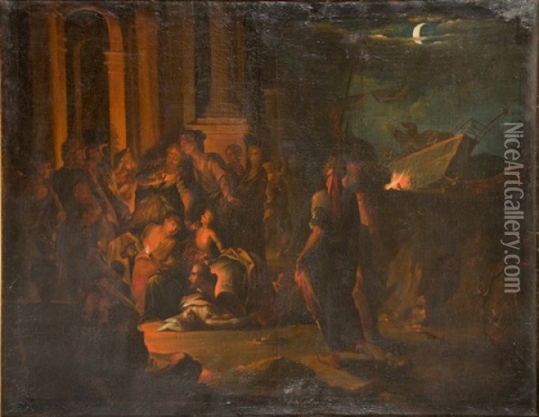 Nachtliche Historienszene Am Hafen (schiffbruchige) Oil Painting - Domenicus van (Ascanius) Wynen