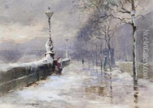 Chelsea Embankment In Winter Oil Painting - William Henry Waring