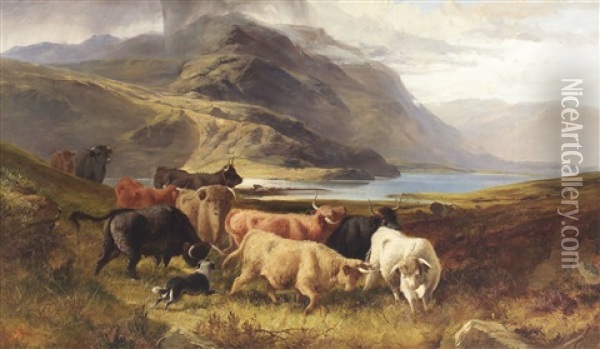 Droving Highland Cattle By A Lochside (collab. W/joseph Denovan Adam) Oil Painting - Joseph Adam