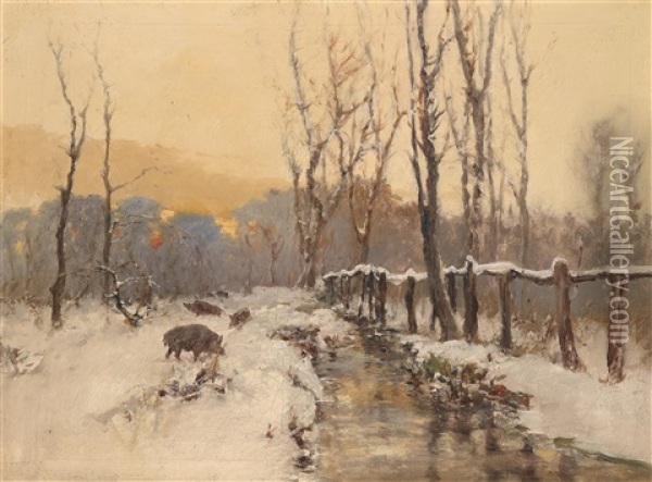 Wildschweine Am Winterlichen Bachufer Oil Painting - Antal (Laszlo) Neogrady