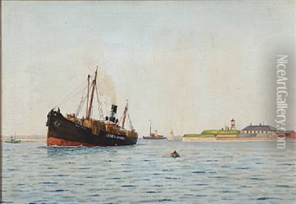 The Cargo Ship Laura Maersk Near Holmen In Copenhagen Oil Painting - Emanuel A. Petersen