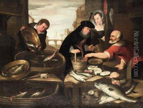 A Fish Stall With A Lady Buying Goods Oil Painting - Aert De Muysere