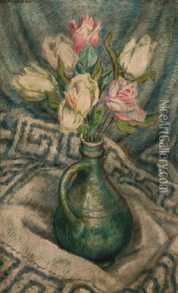 Still Life With Tulips And A Rose In Blue Pitcher Oil Painting - Edward Middleton Manigault