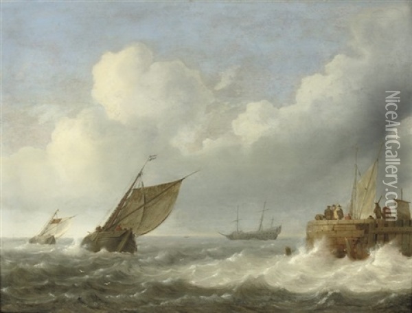 Sailing Vessels In Choppy Waters With Figures On A Quay Nearby Oil Painting - Jan Porcellis