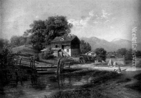 Landschaft Mit Bauernhaus Und Einer Viehtranke Im Vordergrund Oil Painting - Eugene Deshayes