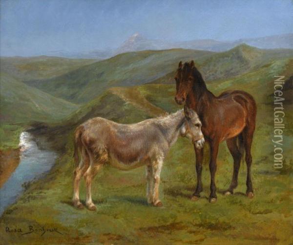 Pony And A Donkey In A Hilly Landscape Oil Painting - Rosa Bonheur