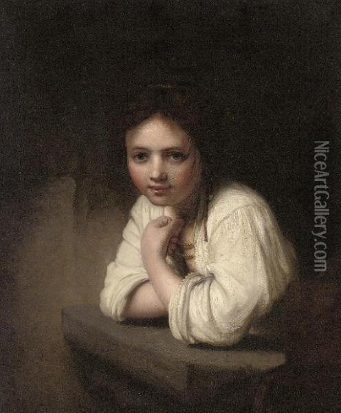 Portrait Of A Girl Leaning On A Stone Ledge Oil Painting - Rembrandt Van Rijn