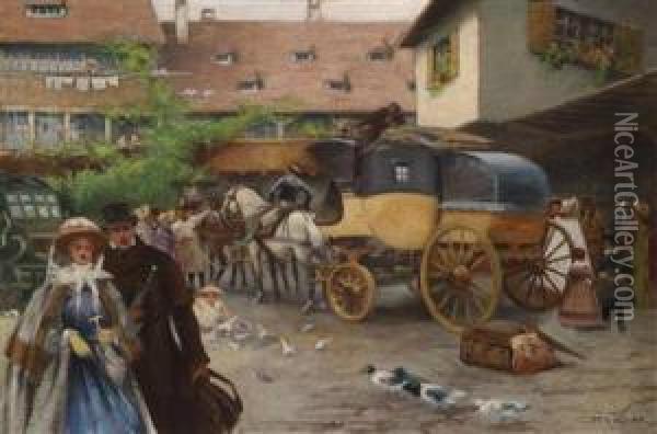Arrival Of The Horse-drawn Carriage Oil Painting - Otto Nowak