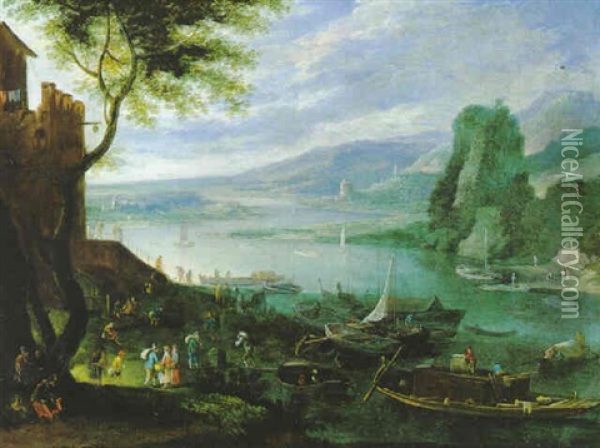 Weite Fluslandschaft Mit Vielen Figuren Und Booten Oil Painting - Karel Beschey