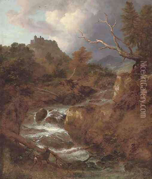 A mountainous wooded river landscape with a stag by a waterfall, Bentheim Castle beyond Oil Painting - Jacob Van Ruisdael