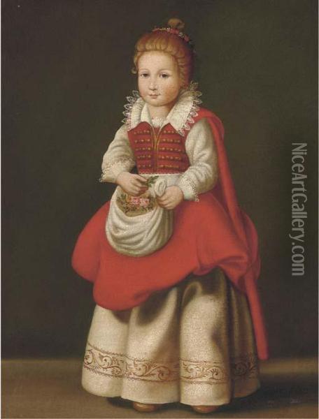 Portrait Of A Young Girl, Full-length With Flowers In Herapron Oil Painting - Cornelis De Vos