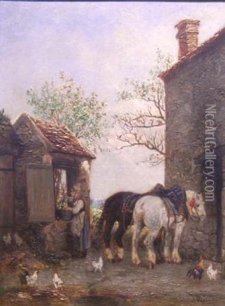 In The Barnyard Oil Painting - Jules Jacques Veyrassat