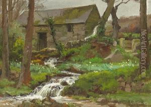 An English Cottage By A Running Creek Oil Painting - Anna Althea Hills