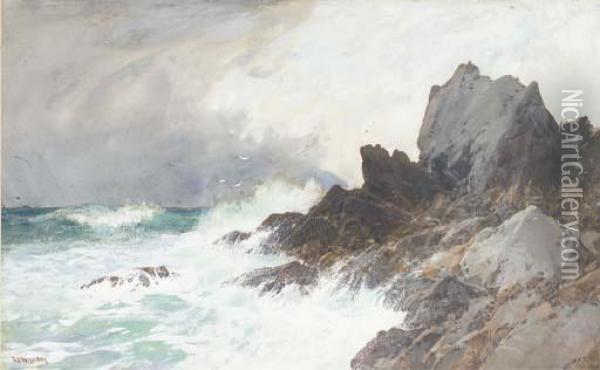 Waves Crashing Against The Headland Oil Painting - Frederick John Widgery