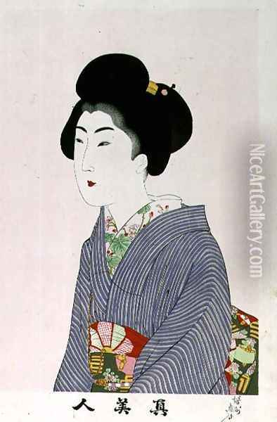 1973-22c Shin Bijin (True Beauties) depicting a seated woman, from a series of 36, modelled on an earlier series Oil Painting - Toyohara Chikanobu