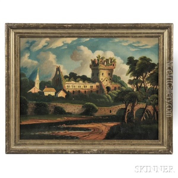 River Landscape With Ruins Of A Church Oil Painting - Thomas Chambers