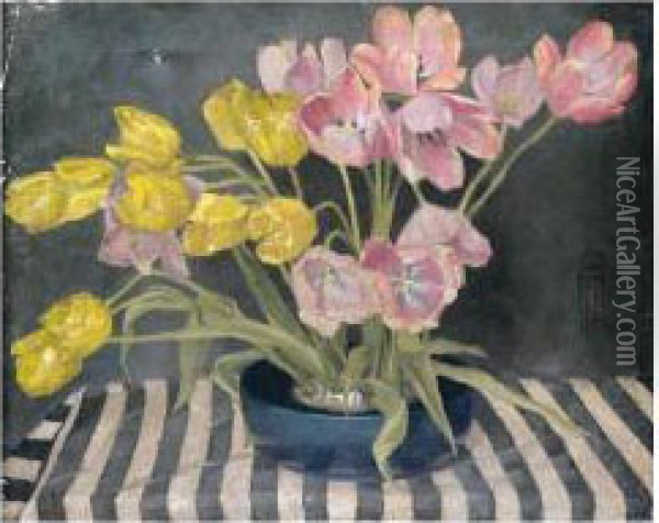 A Bowl Of Yellow And Red Tulips Oil Painting - William M. Milner