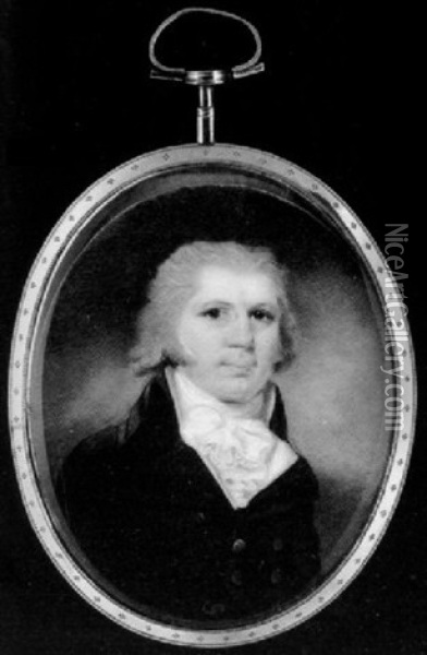 A Gentleman Wearing Powdered Wig And Double-breasted Blue Coat, White Waistcoat And Frilled Cravat Oil Painting - William Grimaldi