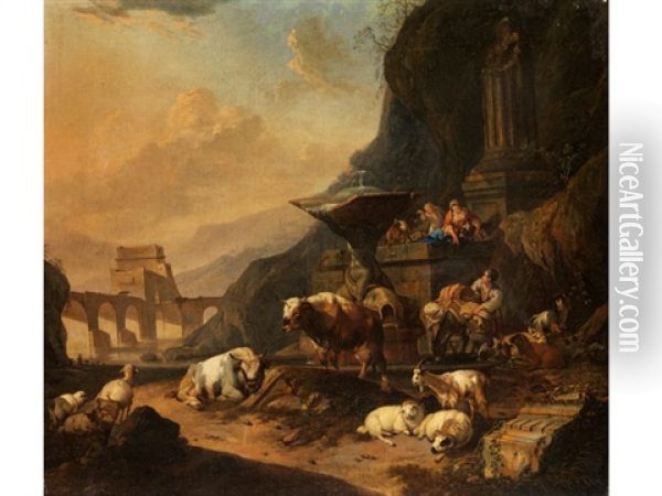 Sudliche Landschaft Mit Idyllischer Hirtenszene Mit Rindern Und Schafen An Einem Brunnen Oil Painting - Hendrick Mommers