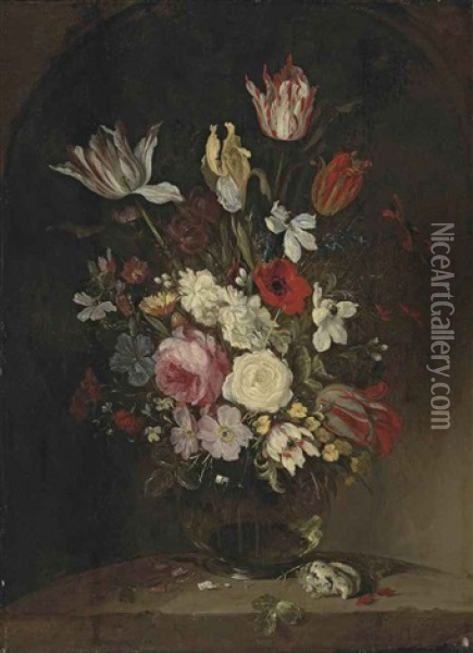 Roses, Carnations, Tulips, Poppy, An Iris, Pansies And Other Flowers In A Glass Vase, With A Seashell On A Marble Ledge Oil Painting - Jacques Grief De Claeuw
