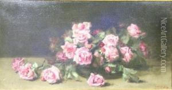 A Still Life Of Pink Roses Oil Painting - Louise Ellen Perman