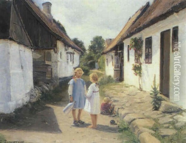 Bygata Med Tva Flickor Oil Painting - Hans Andersen Brendekilde