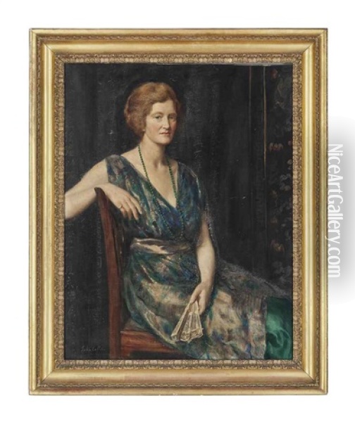 Portrait Of A Lady, Thought To Be Mrs Geoffrey Pynam Of Guildford, Seated, In A Green Dress Oil Painting - John Collier